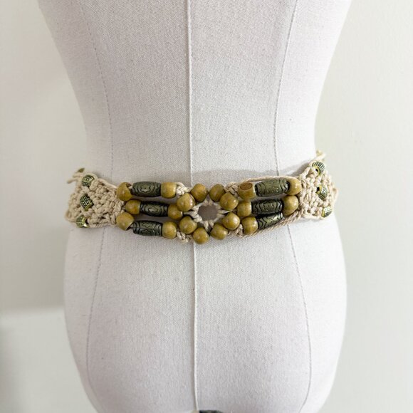 Vintage Y2K Tan Beaded Macrame Belt Women's Size OS EUC Tie Closure - Picture 3 of 6